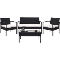 Mendler Poly-Rattan Garnitur MCW-F56, Balkon-/Garten-/Lounge-Set Sitzgruppe schwarz, Kissen creme