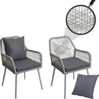 Mendler 2er-Set Gartenstuhl HWC-O12, Outdoor Sitz-/Rückenpolster Aluminium Seilgeflecht Rope grau, Bezug dunkelgrau