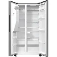 Hisense Freistehend Side-by-Side-Kühlschrank, Edelstahl, 566 l, Freistehend, Amerikanische Tür, Grau, 2 Tür(en), Berührung, LED