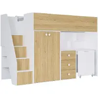 Vente-unique Zwischengeschossbett 90 x 190 cm mit Kleiderschrank und Schreibtisch - Weiß und Natur - LANILATO
