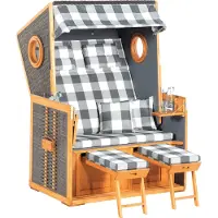 Müsing Rustikal Strandkorb 110 Z Bullauge 2-Sitzer, Halbliegemodell Nordseeform zum Selbstaufbau, Geflecht vintage-braun, Strukturpolyester kariert, Pinienholz teakfarben gebürstet, ca. 118x80x160cm