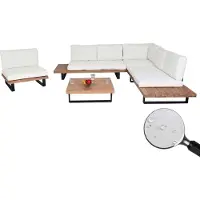Mendler Garten-Garnitur mit Sessel HWC-H54, Lounge-Set Sofa, Spun Poly Akazie Holz Aluminium hellbraun, Polster cremeweiß