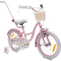 Sun baby Flower Bike Kinderfahrrad für Mädchen 16 Zoll, ab 4 Jahre, mit Stützrädern, abnehmbarer Schubstange, Korb, Klingel, Rücktrittbremse & V-Brake