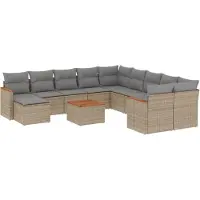 vidaXL 12-tlg. Garten-Sofagarnitur mit Kissen Beige Poly Rattan