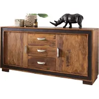Wohnling Design Sideboard Sheesham Massivholz mit Kunstleder 160x44x80 cm Anrichte im rustikalen Landhausstil Kommode mit Schubladen & Türen