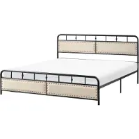 Beliani Bett Schwarz Metall mit Polsterkopfteil Silberne Nieten Metallrost 180x200 cm Modernes Design Schlicht Schlafzimmer Doppelbett Metallbett