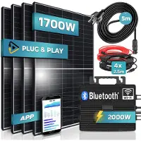 SUNNIVA 1700W Balkonkraftwerk 2000W komplett Steckdose - Astro Energy 2000W Micro Wechselrichter - PV Solaranlage Komplettset - 4x 425W (1700W) Solarmodule - inkl. 5m Kabel - Bluetooth, WIFI