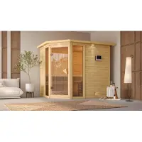 Karibu Sauna Innensauna Sinai 3 Eckeinstieg Ofen 9 kW externe Strg easy 264x198x214 cm mit Dachkranz
