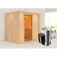Karibu Sauna Innensauna Fanja Fronteinstieg Ofen 3,6 kW intgr. Strg 210x165x202 cm mit Dachkranz mit Bronzierter Tür