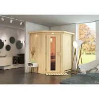 Karibu Sauna Innensauna Tonja Eckeinstieg Ofen 3,6 kW intgr. Strg 184x165x202 cm mit Dachkranz mit Energiespartür