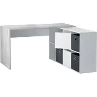 Dmora Schreibtisch Dmorlup, Umschaltbarer Multipositions-Schreibtisch, Arbeits- oder Bürotisch für PC mit Regal, 136x139h74 cm, Weiß und Zement
