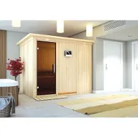 Karibu Sauna Innensauna Gobin Fronteinstieg Ofen 9 kW externe Strg easy 245x210x202 cm mit Dachkranz mit Graphittür