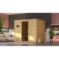 Karibu Sauna Innensauna Sonara Fronteinstieg Ofen 9 kW integr. Strg 231x195x200 cm ohne Dachkranz mit Graphittür