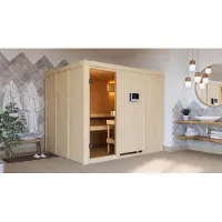 Karibu Sauna Innensauna Nybro Fronteinstieg Ofen 9 kW externe Strg easy 231x196x198 cm ohne Dachkranz