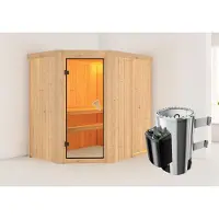 Karibu Sauna Innensauna Saja Eckeinstieg Ofen 3,6 kW intgr. Strg 196x151x198 cm ohne Dachkranz mit Bronzierter Tür