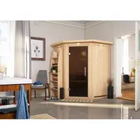 Karibu Sauna Innensauna Nanja Eckeinstieg Ofen 3,6 kW intgr. Strg 151x151x198 cm ohne Dachkranz mit Graphittür