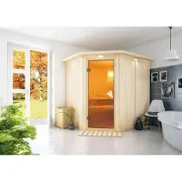 Karibu Sauna Innensauna Lilja Eckeinstieg ohne Zubehör 210x184x202 cm mit Dachkranz mit Bronzierter Tür
