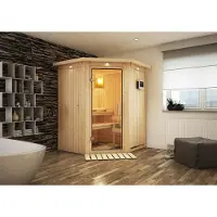 Karibu Sauna Innensauna Nanja Eckeinstieg Ofen 3,6 kW externe Strg.easy 165x165x202 cm mit Dachkranz mit Klarglastür
