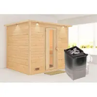 Karibu Sauna Innensauna Sonara Fronteinstieg Ofen 9 kW integr. Strg 259x210x206 cm mit Dachkranz mit Energiespartür