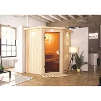 Karibu Sauna Innensauna Tonja Eckeinstieg Ofen 3,6 kW intgr. Strg 184x165x202 cm mit Dachkranz mit Klarglastür