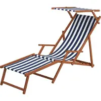 Erst-Holz Liegestuhl blau-weiß Gartenliege Deckchair Buche dunkel Fußablage Sonnendach Kissen 10-317FSKH