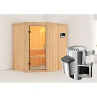 Karibu Sauna Innensauna Saja Eckeinstieg Ofen 3,6 kW externe Strg.easy 196x151x198 cm ohne Dachkranz mit Klarglastür