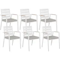 Beliani Gartenstuhl 6er Set Weiß Aluminium mit Sitzkissen Grau Stoff Armlehnen Holzoptik Stapelbar Modern Outdoor Indoor Terrasse Balkon Ausstattung