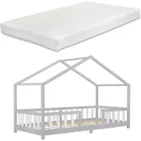 En.casa Kinderbett 'Treviolo' mit Matratze und Rausfallschutz 90x200cm Hellgrau / Weiß