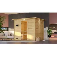 Karibu Sauna Innensauna Sonara Fronteinstieg Ofen 9 KW externe Strg easy 259x210x206 cm mit Dachkranz mit Klarglastür