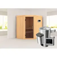 Karibu Sauna Innensauna Tonja Eckeinstieg Ofen 3,6 kW externe Strg.easy 170x151x198 cm ohne Dachkranz mit Graphittür