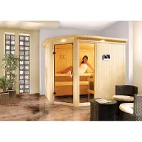 Karibu Sauna Innensauna Fiona 3 Eckeinstieg Ofen 9 kWexterne Strg easy 245x210x202 cm mit Dachkranz