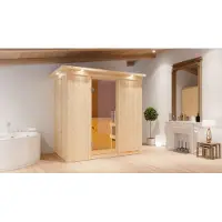 Karibu Sauna Innensauna Variado Fronteinstieg Ofen 9 kWexterne Strg easy 210x132x202 cm mit Dachkranz mit Klarglastür