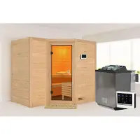 Karibu Sauna Innensauna Sahib 2 Eckeinstieg Ofen 9 kWexterne Strg easy 236x184x208 cm ohne Dachkranz mit Bronzierter Tür