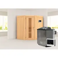 Karibu Sauna Taurin : ohne Dachkranz : Energiespartür Holztür gedämmt : 9 kWOfen + Steuergerät EasyDachkranz: ohne Dachkranz Saunaofen: 9 kWOfen + Steuergerät EasySaunatür: Energiespartür Holztür gedämmt