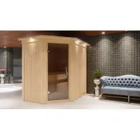Karibu Sauna Innensauna Carin Eckeinstieg Ofen 9 kWexterne Strg easy 210x165x202 cm mit Dachkranz mit Graphittür