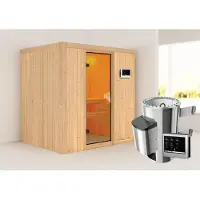 Karibu Sauna Innensauna Fanja Fronteinstieg Ofen 3,6 kW externe Strg.easy 196x151x198 cm ohne Dachkranz mit Bronzierter Tür