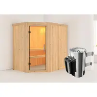 Karibu Sauna Innensauna Saja Eckeinstieg Ofen 3,6 kW intgr. Strg 196x151x198 cm ohne Dachkranz mit Klarglastür