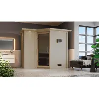 Karibu Sauna Innensauna Sahib 2 Eckeinstieg Ofen 9 kWexterne Strg easy 264x198x214 cm mit Dachkranz mit Graphittür