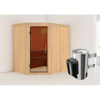 Karibu Sauna Innensauna Saja Eckeinstieg Ofen 3,6 kW intgr. Strg 196x151x198 cm ohne Dachkranz mit Graphittür
