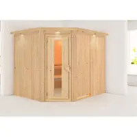 Karibu Sauna Innensauna Malin Eckeinstieg ohne Zubehör 245x210x202 cm mit Dachkranz mit Energiespartür