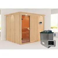 Karibu Sauna Innensauna Gobin Fronteinstieg Ofen 9 KW externe Strg easy 245x210x202 cm mit Dachkranz mit Bronzierte Tür