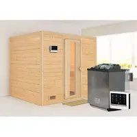 Karibu Sauna Innensauna Sonara Fronteinstieg Ofen 9 kW externe Strg easy 231x195x200 cm ohne Dachkranz mit Energiespartür