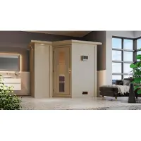 Karibu Sauna Innensauna Sahib 2 Eckeinstieg ohne Zubehör 264x198x214 cm mit Dachkranz mit Energiespartür