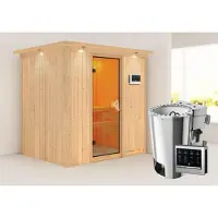 Karibu Sauna Innensauna Fanja Fronteinstieg Ofen 3,6 kWOfen externe Strg. easy 210x165x202 cm mit Dachkranz mit Bronzierter Tür