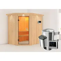 Karibu Sauna Innensauna Saja Eckeinstieg Ofen 3,6 kW externe Strg.easy 210x165x202 cm mit Dachkranz mit Bronzierter Tür