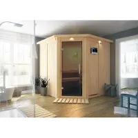 Karibu Sauna Innensauna Jarin Eckeinstieg Ofen 9 kW externe Strg easy 210x210x202 cm mit Dachkranz mit Graphittür