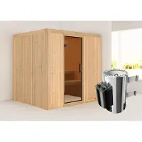 Karibu Sauna Innensauna Daria Fronteinstieg Ofen 3,6 kW intgr. Strg 196x170x198 cm ohne Dachkranz mit Graphittür