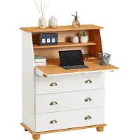 Idimex Sekretär GOMES aus Massivholz, Weiß/Braun - Schreibsekretär mit Klappe und Schubladen mit Muschelgriffen, Kiefer Massivholz, Landhausstil für Büro und Wohnzimmer