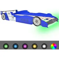 Syfax Kinderbett Rennwagen-Design, mit farbwechselndem LED-Streifen, MDF & Holz, 90 x 200 cm Matratzengröße, Blau