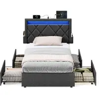 Vasagle Einzelbettgestell, Metallbett, LED, 4 Schubladen, Ladestation